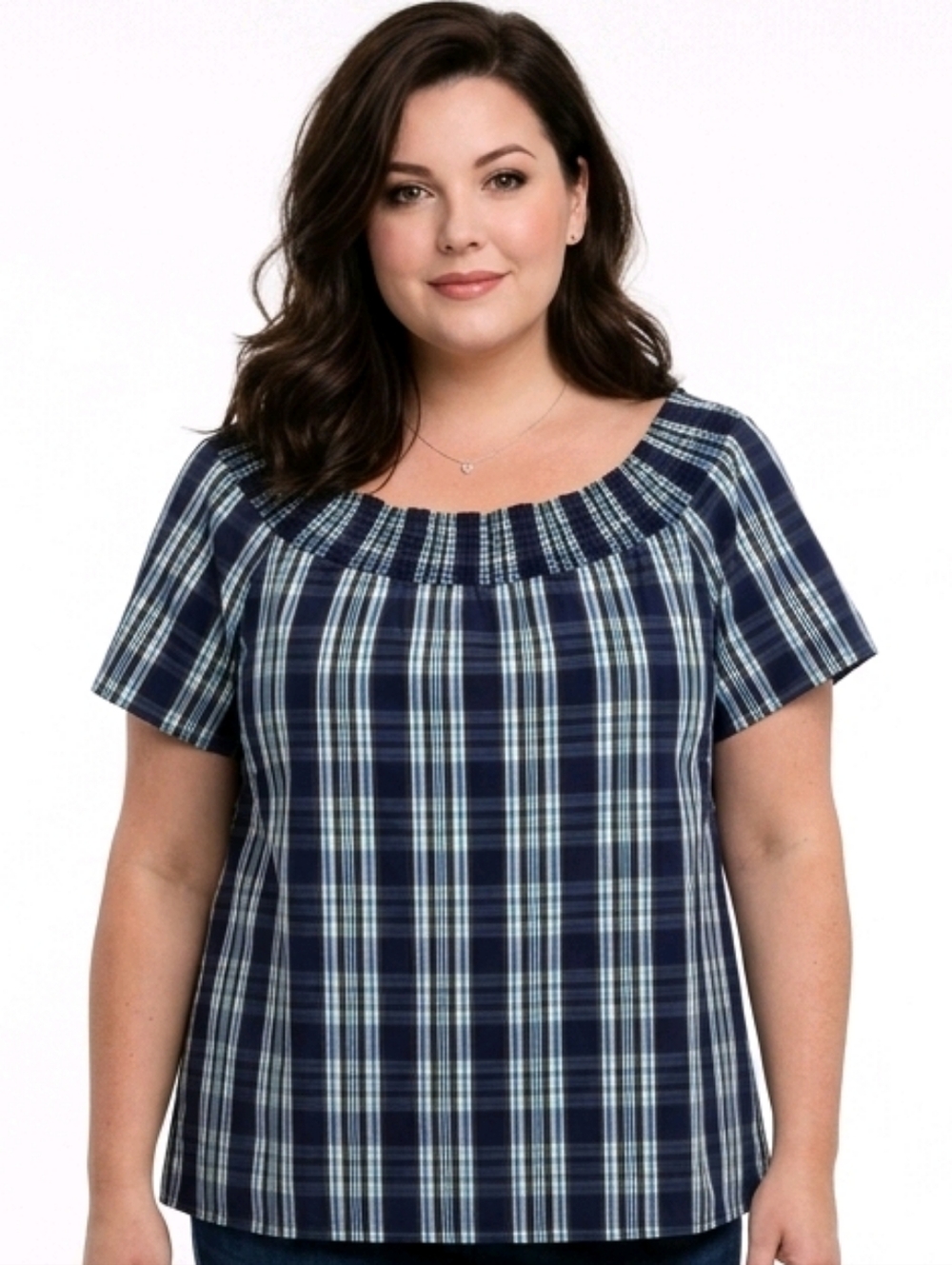Talbots Navy Blue Plaid Smocked Neck Short Sleeve Blouse Size 1X